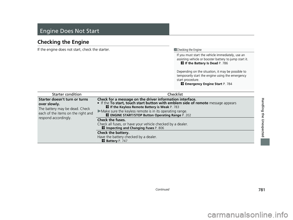 HONDA CIVIC 2023  Owners Manual 781Continued
Handling the Unexpected
Engine Does Not Start
Checking the Engine
If the engine does not start, check the starter.
Starter conditionChecklist
Starter doesn't turn or turns 
over slowl