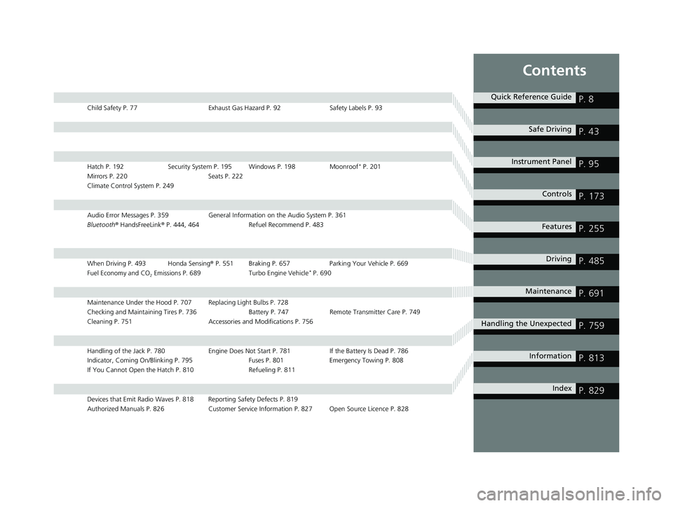HONDA CIVIC 2023 Owners Manual Contents
Child Safety P. 77Exhaust Gas Hazard P. 92Safety Labels P. 93
Hatch P. 192Security System P. 195 Windows P. 198 Moonroof* P. 201
Mirrors P. 220 Seats P. 222
Climate Control System P. 249
Audi HONDA CIVIC 2023 Owners Manual Contents
Child Safety P. 77Exhaust Gas Hazard P. 92Safety Labels P. 93
Hatch P. 192Security System P. 195 Windows P. 198 Moonroof* P. 201
Mirrors P. 220 Seats P. 222
Climate Control System P. 249
Audi