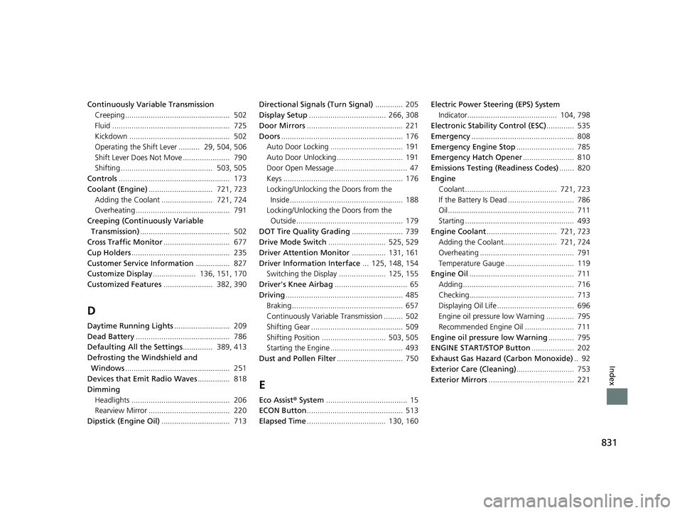 HONDA CIVIC 2023  Owners Manual 831
Index
Continuously Variable TransmissionCreeping.................................................  502
Fluid .......................................................  725
Kickdown .................