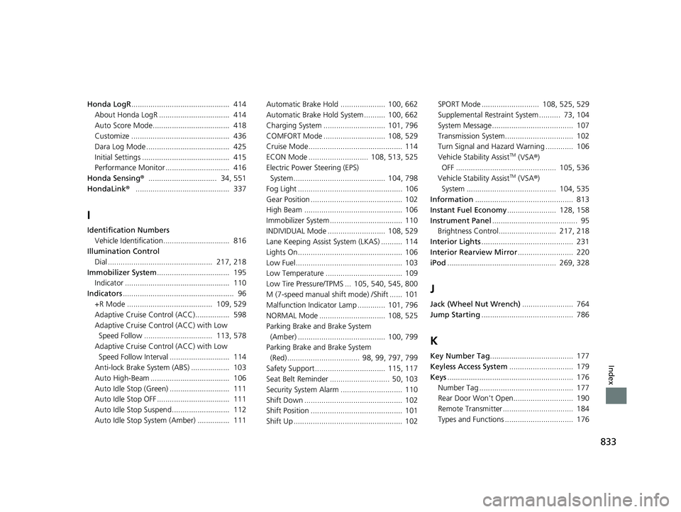 HONDA CIVIC 2023  Owners Manual 833
Index
Honda LogR..............................................  414
About Honda LogR .................................  414
Auto Score Mode....................................  418
Customize .....