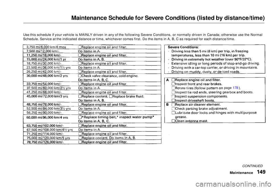 HONDA CIVIC COUPE 1998  Owners Manual 
Maintenance Schedule for Severe Conditions (listed by distance/time)

Maintenance
CONTINUED
Use this schedule if your vehicle is MAINLY driven in any of the following Severe Conditions, or normally d
