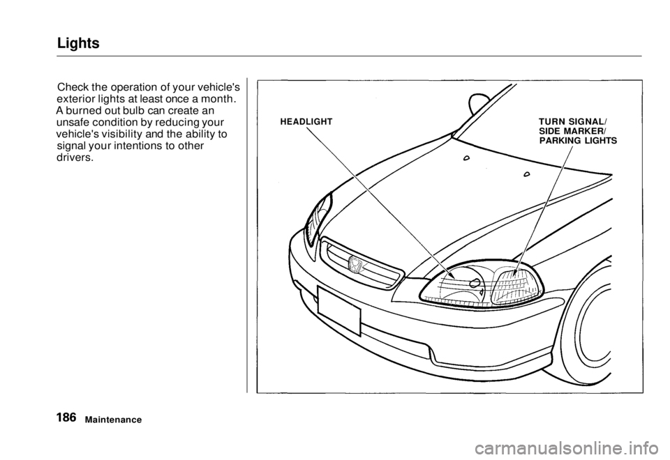 HONDA CIVIC COUPE 1998  Owners Manual Lights

Check the operation of your vehicle's
exterior lights at least once a month.
A burned out bulb can create an unsafe condition by reducing your
vehicle's visibility and the ability to s