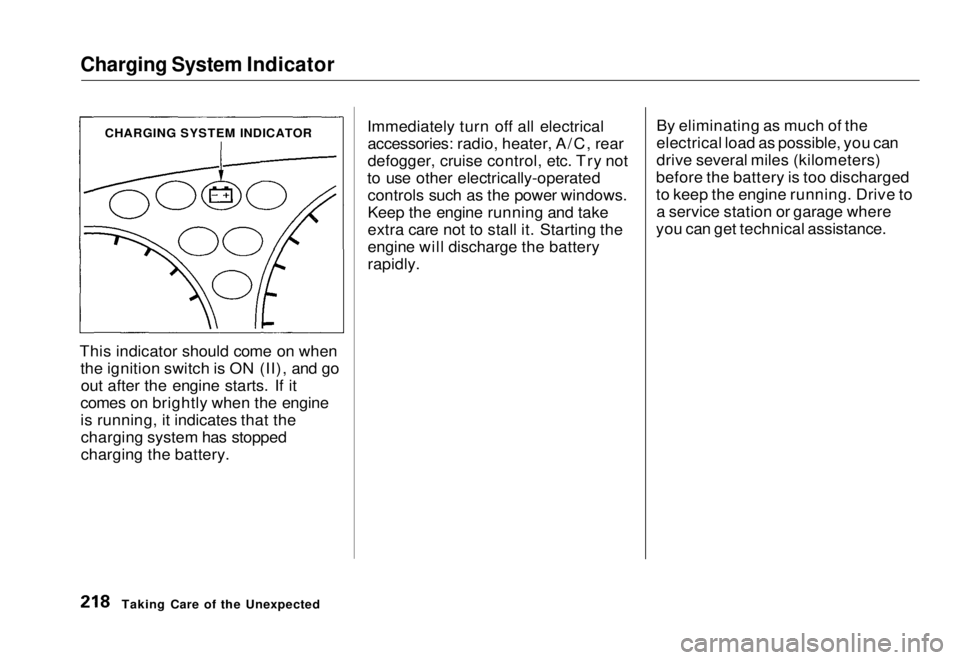 HONDA CIVIC COUPE 1998 Owners Manual Charging System Indicator
This indicator should come on when the ignition switch is ON (II), and goout after the engine starts. If it
comes on brightly when the engine
is running, it indicates that t HONDA CIVIC COUPE 1998 Owners Manual Charging System Indicator
This indicator should come on when the ignition switch is ON (II), and goout after the engine starts. If it
comes on brightly when the engine
is running, it indicates that t
