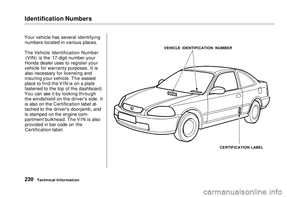 HONDA CIVIC COUPE 1998 Owners Manual Identification Numbers
Your vehicle has several identifying numbers located in various places.
The Vehicle Identification Number (VIN) is the 17-digit number your
Honda dealer uses to register your
v HONDA CIVIC COUPE 1998 Owners Manual Identification Numbers
Your vehicle has several identifying numbers located in various places.
The Vehicle Identification Number (VIN) is the 17-digit number your
Honda dealer uses to register your
v
