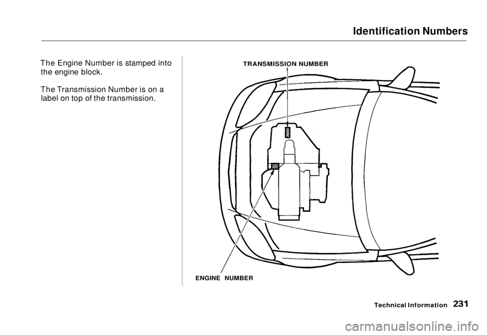 HONDA CIVIC COUPE 1998 Owners Manual Identification Numbers
The Engine Number is stamped into the engine block.
The Transmission Number is on a label on top of the transmission.
Technical Information
ENGINE NUMBER
TRANSMISSION NUMBER HONDA CIVIC COUPE 1998 Owners Manual Identification Numbers
The Engine Number is stamped into the engine block.
The Transmission Number is on a label on top of the transmission.
Technical Information
ENGINE NUMBER
TRANSMISSION NUMBER