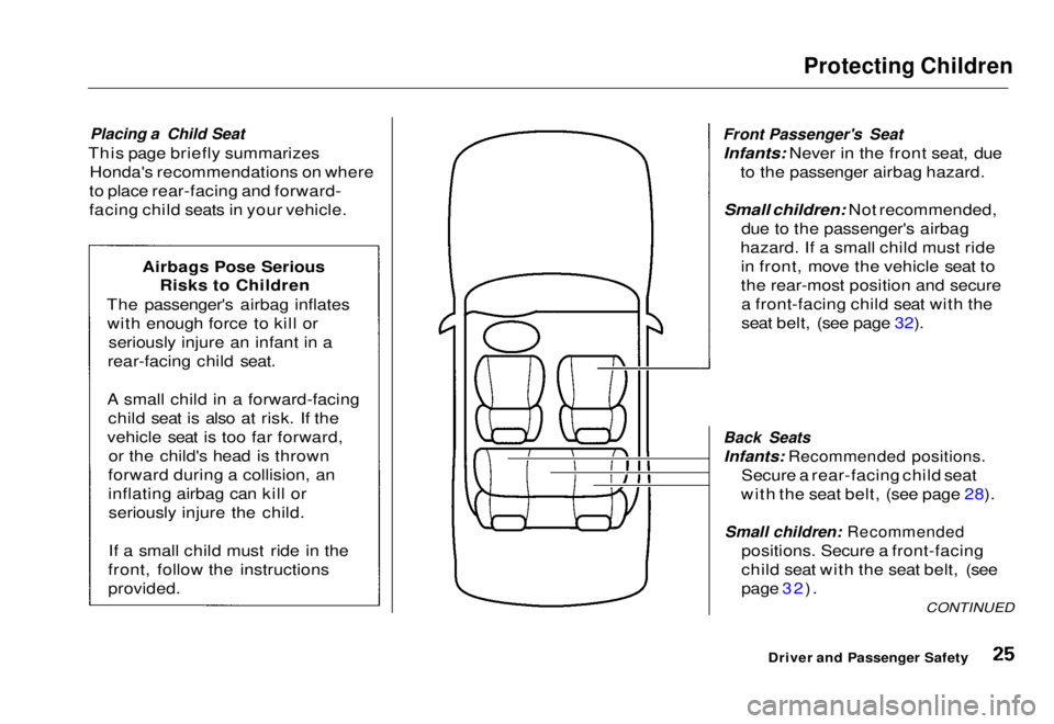 HONDA CIVIC COUPE 1998 Owners Manual Protecting Children
Placing a Child Seat
This page briefly summarizes Honda's recommendations on where
to place rear-facing and forward-
facing child seats in your vehicle.
Front Passenger' HONDA CIVIC COUPE 1998 Owners Manual Protecting Children
Placing a Child Seat
This page briefly summarizes Honda's recommendations on where
to place rear-facing and forward-
facing child seats in your vehicle.
Front Passenger'