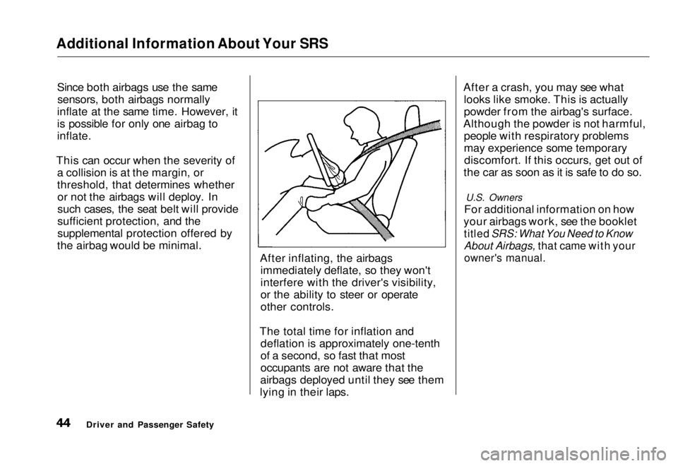 HONDA CIVIC COUPE 1998 Service Manual Additional Information About Your SRS
Since both airbags use the samesensors, both airbags normally
inflate at the same time. However, it
is possible for only one airbag to
inflate.
This can occur wh HONDA CIVIC COUPE 1998 Service Manual Additional Information About Your SRS
Since both airbags use the samesensors, both airbags normally
inflate at the same time. However, it
is possible for only one airbag to
inflate.
This can occur wh