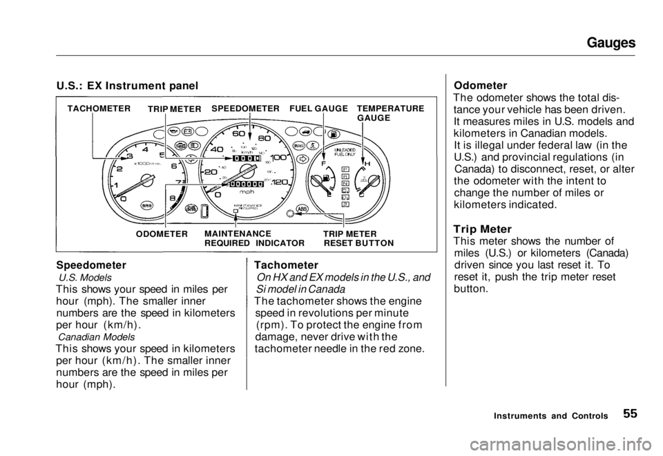 HONDA CIVIC COUPE 1998 Workshop Manual Gauges
U.S.: EX Instrument panel
Speedometer
U.S. Models
This shows your speed in miles per hour (mph). The smaller innernumbers are the speed in kilometers
per hour (km/h). Canadian Models
This sh HONDA CIVIC COUPE 1998 Workshop Manual Gauges
U.S.: EX Instrument panel
Speedometer
U.S. Models
This shows your speed in miles per hour (mph). The smaller innernumbers are the speed in kilometers
per hour (km/h). Canadian Models
This sh