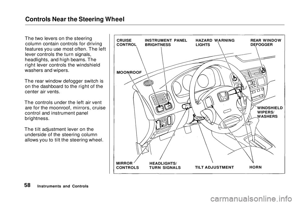 HONDA CIVIC COUPE 1998 Workshop Manual Controls Near the Steering Wheel
The two levers on the steering column contain controls for driving
features you use most often. The left
lever controls the turn signals,
headlights, and high beams. HONDA CIVIC COUPE 1998 Workshop Manual Controls Near the Steering Wheel
The two levers on the steering column contain controls for driving
features you use most often. The left
lever controls the turn signals,
headlights, and high beams.