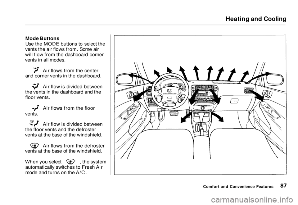 HONDA CIVIC COUPE 1998 Manual Online Heating and Cooling

Mode Buttons
Use the MODE buttons to select the
vents the air flows from. Some air
will flow from the dashboard corner
vents in all modes. Air flows from the center
and corner ven