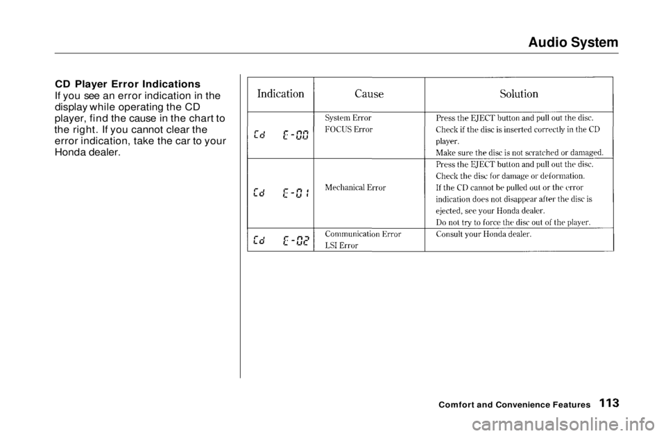HONDA CIVIC COUPE 1999 Owners Manual Audio System
CD Player Error Indications
If you see an error indication in the display while operating the CD
player, find the cause in the chart to
the right. If you cannot clear the error indicatio HONDA CIVIC COUPE 1999 Owners Manual Audio System
CD Player Error Indications
If you see an error indication in the display while operating the CD
player, find the cause in the chart to
the right. If you cannot clear the error indicatio