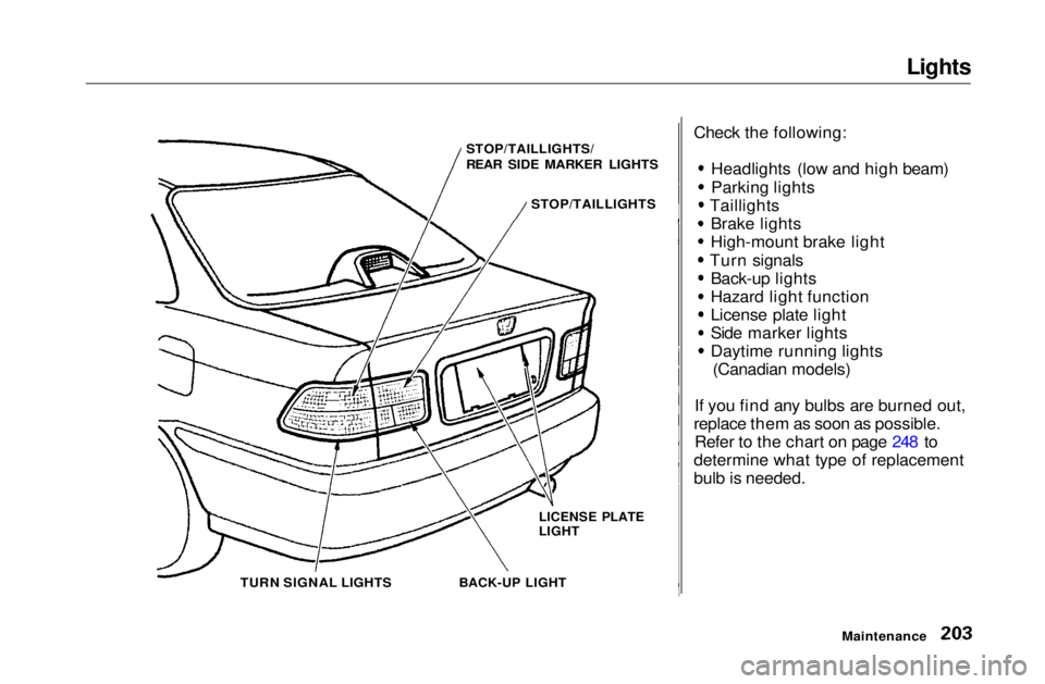 HONDA CIVIC COUPE 1999  Owners Manual 
Lights

Check the following: Headlights (low and high beam)
Parking lights
Taillights Brake lights
High-mount brake light
Turn signals Back-up lights
Hazard light function
License plate light
Side ma