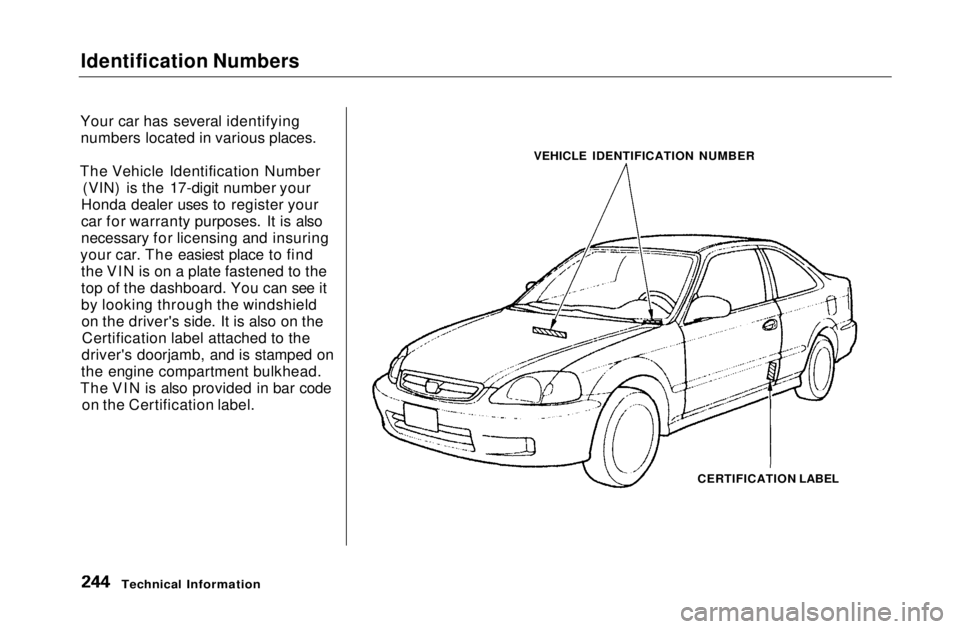 HONDA CIVIC COUPE 1999  Owners Manual Identification Numbers

Your car has several identifying numbers located in various places.
The Vehicle Identification Number (VIN) is the 17-digit number your
Honda dealer uses to register your
car f