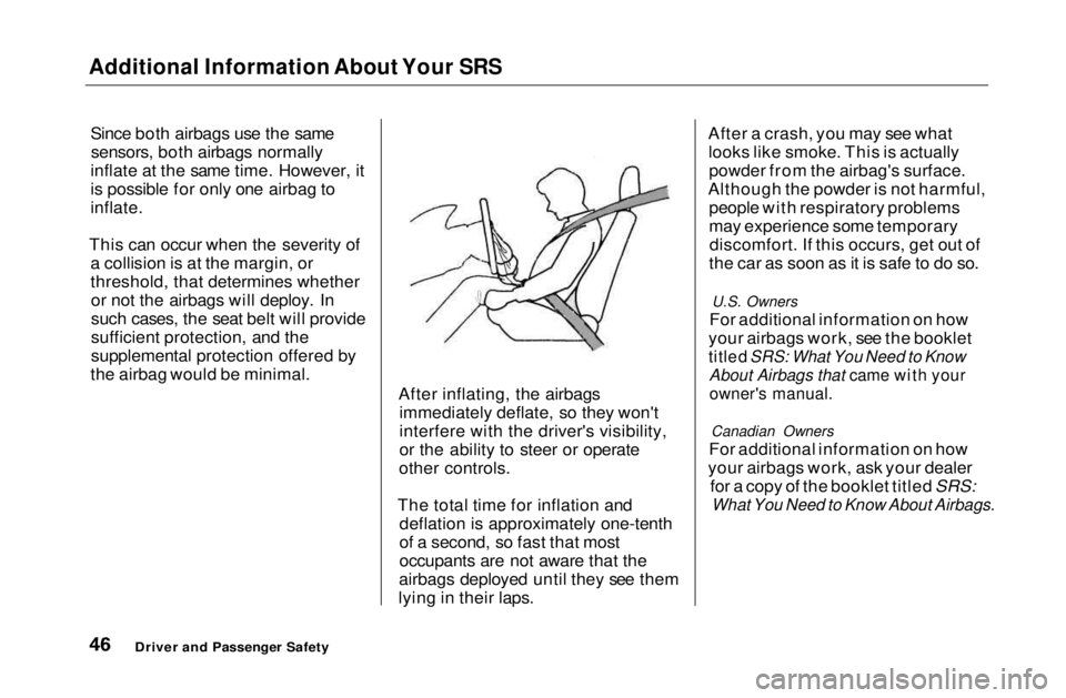 HONDA CIVIC COUPE 1999 Service Manual Additional Information About Your SRS
Since both airbags use the samesensors, both airbags normally
inflate at the same time. However, it
is possible for only one airbag to
inflate.
This can occur wh HONDA CIVIC COUPE 1999 Service Manual Additional Information About Your SRS
Since both airbags use the samesensors, both airbags normally
inflate at the same time. However, it
is possible for only one airbag to
inflate.
This can occur wh