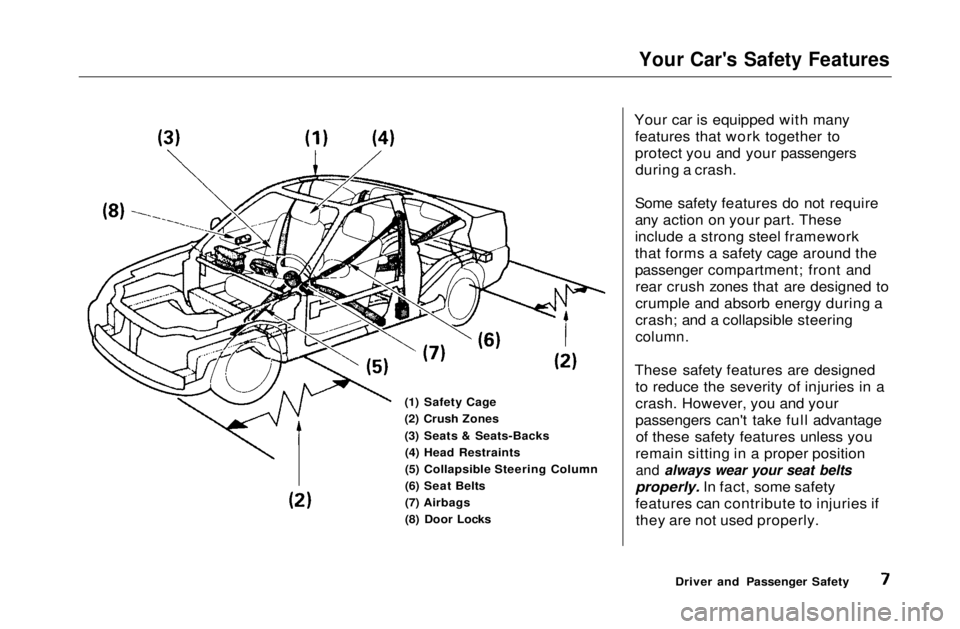 HONDA CIVIC COUPE 1999 Owners Manual
Your Car's Safety Features
Your car is equipped with many features that work together to
protect you and your passengersduring a crash.
Some safety features do not require
any action on your par HONDA CIVIC COUPE 1999 Owners Manual
Your Car's Safety Features
Your car is equipped with many features that work together to
protect you and your passengersduring a crash.
Some safety features do not require
any action on your par