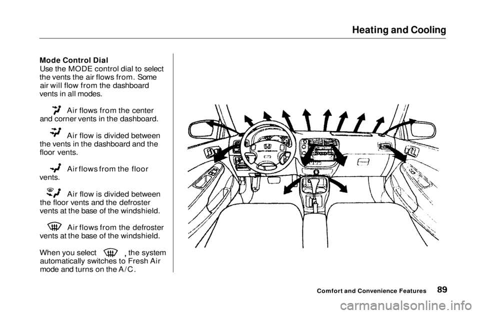 HONDA CIVIC COUPE 1999 Manual Online Heating and Cooling
Mode Control Dial
Use the MODE control dial to select
the vents the air flows from. Some air will flow from the dashboard
vents in all modes. Air flows from the center
and corner HONDA CIVIC COUPE 1999 Manual Online Heating and Cooling
Mode Control Dial
Use the MODE control dial to select
the vents the air flows from. Some air will flow from the dashboard
vents in all modes. Air flows from the center
and corner