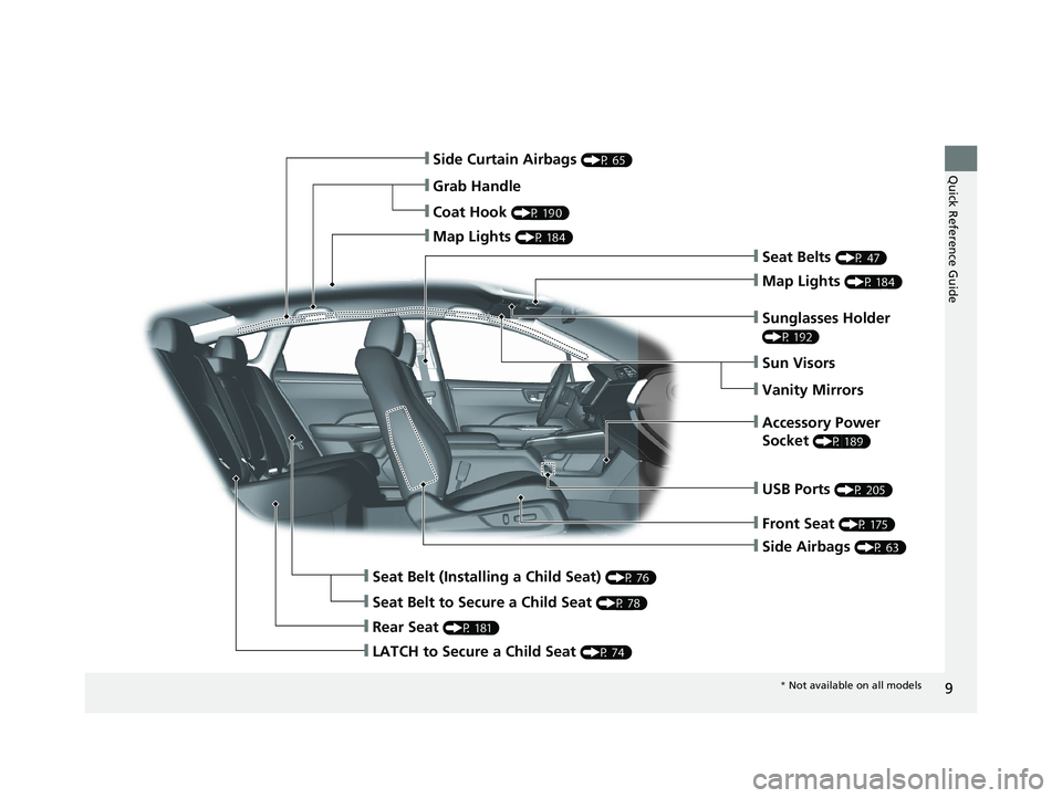 HONDA CLARITY PLUG IN HYBRID 2018 User Guide 9
Quick Reference Guide
❙ Side Airbags  (P 63)❙ Side Curtain Airbags  (P 65)
❙ Seat Belts  (P 47)
❙ Seat Belt (Installing a Child Seat)  (P 76)
❙ Rear Seat  (P 181)❙ Coat Hook  (P 190)
❙