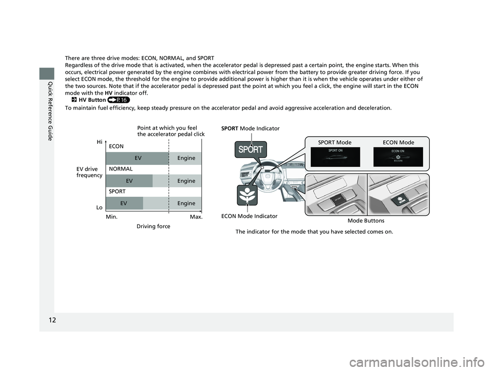 HONDA CLARITY PLUG IN HYBRID 2018 User Guide 12
Quick Reference Guide There are three drive modes: ECON, NORMAL, and SPORT
Regardless of the drive mode that is acti vated, when the accelerator pedal is depr essed past a certain point, the engine