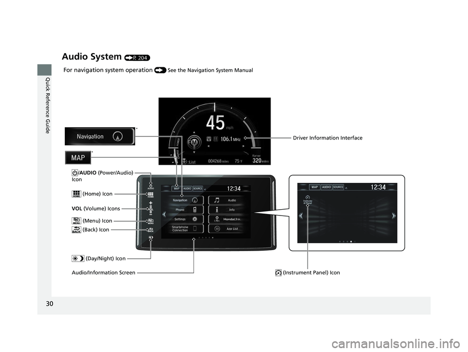 HONDA CLARITY PLUG IN HYBRID 2018  Owners Manual 30
Quick Reference Guide Audio System  (P 204)
For navigation system operation  ()  See the Navigation System Manual
 (Menu) IconVOL  (Volume) Icons (Home) Icon
 (Back) Icon
Audio/Information Screen /