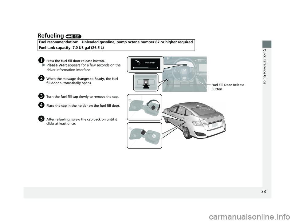 HONDA CLARITY PLUG IN HYBRID 2018  Owners Manual 33
Quick Reference Guide
Refueling  (P 451)
Fuel recommendation: Unleaded gasoline, pump octane number 87 or higher required
Fuel tank capacity: 7.0 US gal (26.5 L)
a Press the fuel fill door release 