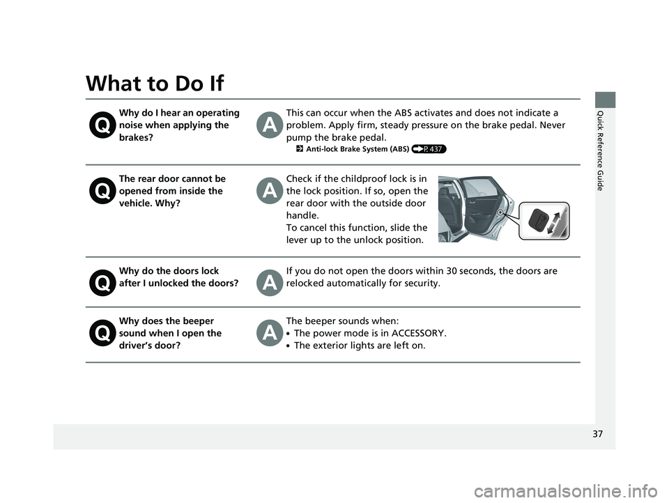 HONDA CLARITY PLUG IN HYBRID 2018 Owners Guide 37
Quick Reference Guide
What to Do If Why do I hear an operating
noise when applying the
brakes? This can occur when the ABS activates and does not indicate a
problem. Apply firm, steady pressure HONDA CLARITY PLUG IN HYBRID 2018 Owners Guide 37
Quick Reference Guide
What to Do If Why do I hear an operating
noise when applying the
brakes? This can occur when the ABS activates and does not indicate a
problem. Apply firm, steady pressure