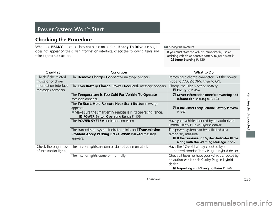 HONDA CLARITY PLUG IN HYBRID 2018  Owners Manual 535Continued
Handling the Unexpected
Power System Won’t Start Checking the Procedure When the  READY  indicator does not come on and the  Ready To Drive  message 
does not appear on the driver infor
