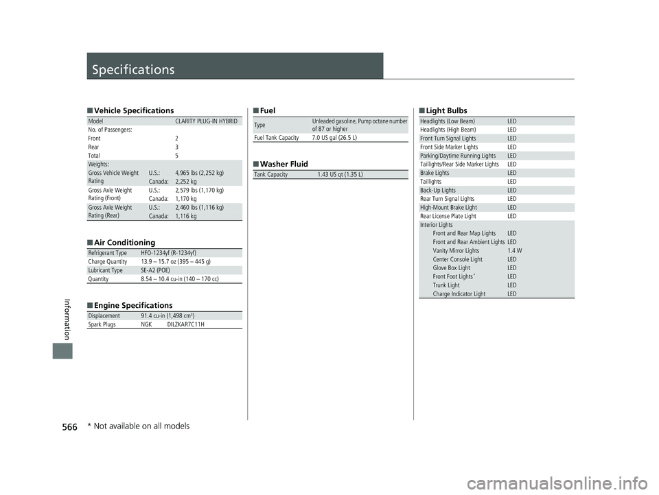 HONDA CLARITY PLUG IN HYBRID 2018  Owners Manual 566
Information Specifications ■ Vehicle Specifications
■ Air Conditioning
■ Engine Specifications Model CLARITY PLUG-IN HYBRID
No. of Passengers:
Front 2
Rear 3
Total 5
Weights:
Gross Vehicle W