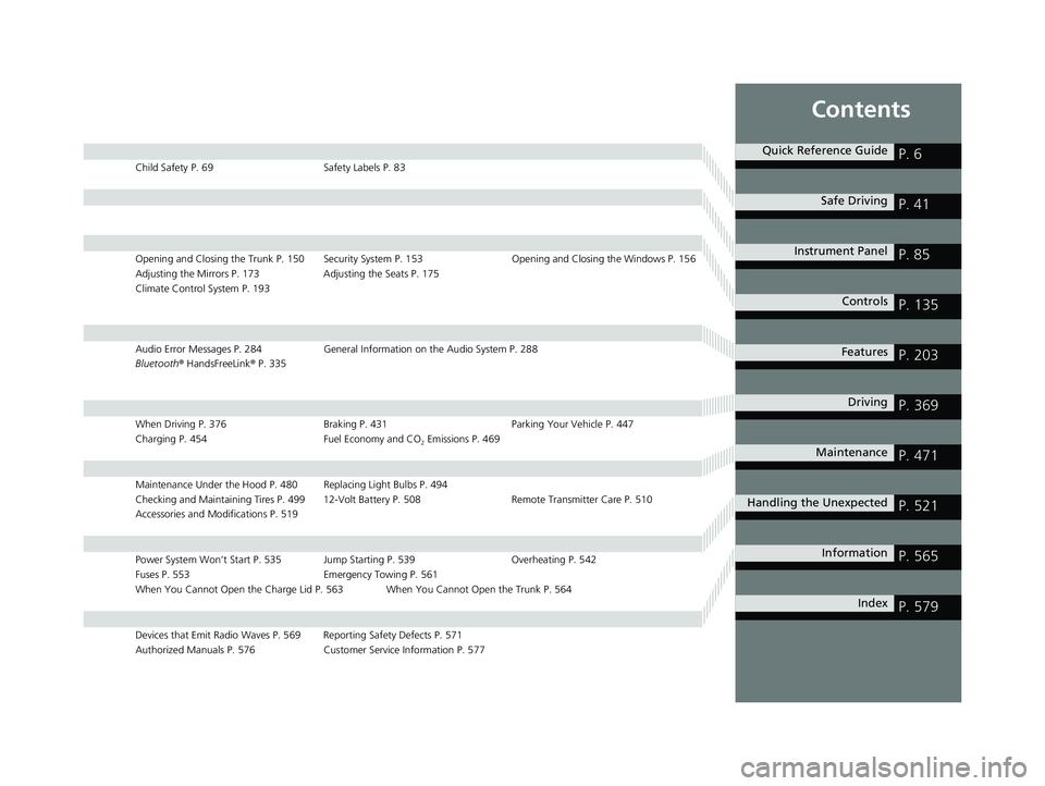 HONDA CLARITY PLUG IN HYBRID 2018  Owners Manual ContentsChild Safety P. 69 Safety Labels P. 83
Opening and Closing the Trunk P. 150 Security System P. 153 Opening and Closing the Windows P. 156
Adjusting the Mirrors P. 173 Adjusting the Seats P. 17