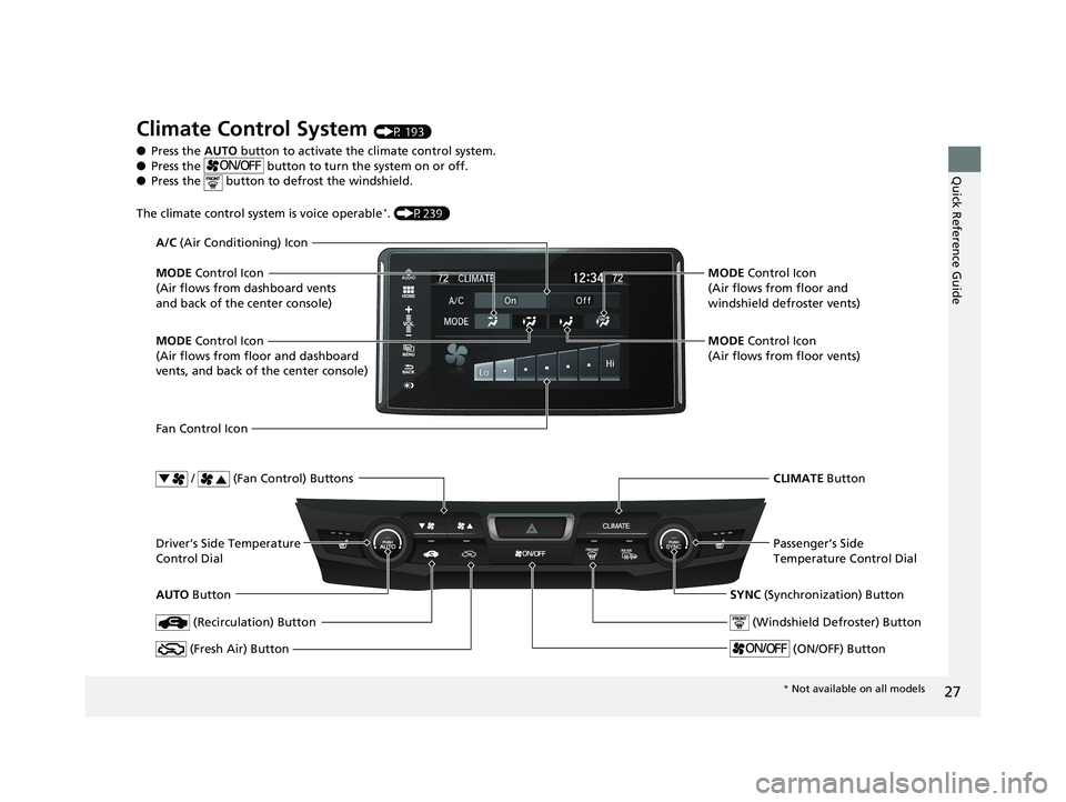 HONDA CLARITY PLUG IN HYBRID 2019 Owners Manual 27
Quick Reference Guide
Climate Control System (P 193)
● Press the AUTO button to activate th e climate control system.
● Press the button to tu rn the system on or off.
● Press the butt HONDA CLARITY PLUG IN HYBRID 2019 Owners Manual 27
Quick Reference Guide
Climate Control System (P 193)
● Press the AUTO button to activate th e climate control system.
● Press the button to tu rn the system on or off.
● Press the butt