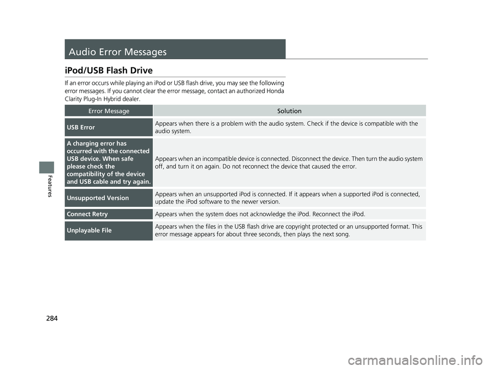 HONDA CLARITY PLUG IN HYBRID 2019  Owners Manual 284
Features Audio Error Messages iPod/USB Flash Drive If an error occurs while play ing an iPod or USB flash driv e, you may see the following 
error messages. If you cannot clear the erro r message,