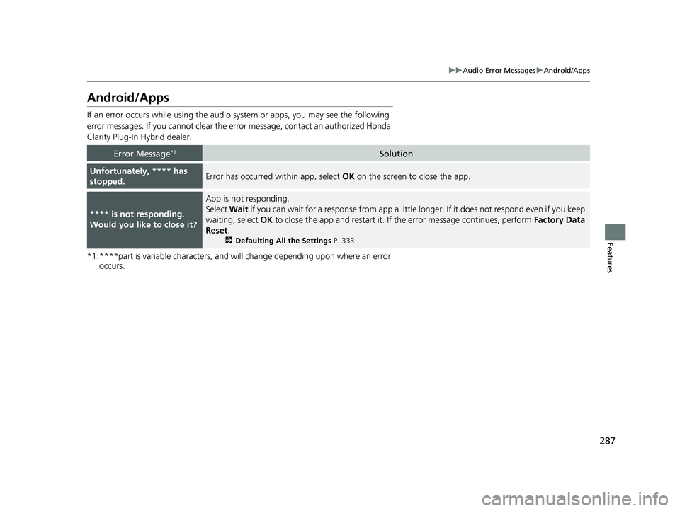 HONDA CLARITY PLUG IN HYBRID 2019  Owners Manual 287uu Audio Error Messages u Android/Apps
Features
Android/Apps If an error occurs  while using the audio system or  apps, you may see the following 
error messages. If you cannot clear the e rror mes