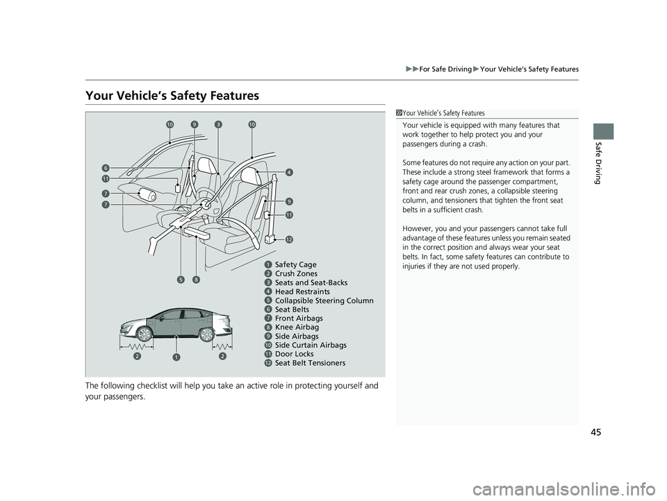 HONDA CLARITY PLUG IN HYBRID 2019 Service Manual 45uu For Safe Driving u Your Vehicle’s Safety Features
Safe Driving
Your Vehicle’s Safety Features
The following checklist will help you take an active role in protecting yourself and
your passen HONDA CLARITY PLUG IN HYBRID 2019 Service Manual 45uu For Safe Driving u Your Vehicle’s Safety Features
Safe Driving
Your Vehicle’s Safety Features
The following checklist will help you take an active role in protecting yourself and
your passen