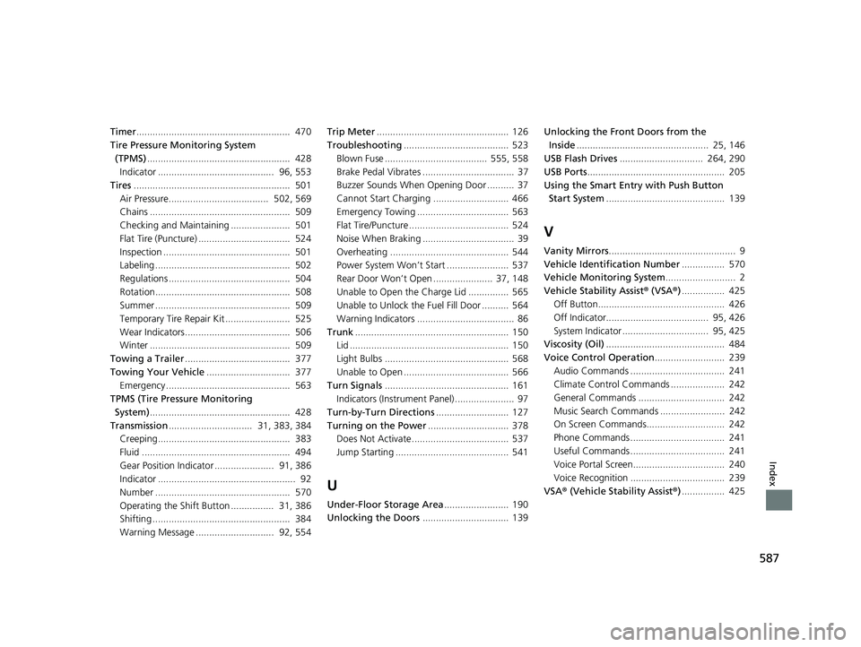 HONDA CLARITY PLUG IN HYBRID 2019 Owners Manual 587
Index
Timer ......................................................... 470
Tire Pressure Monitoring System
(TPMS) ..................................................... 428
Indicator ............ HONDA CLARITY PLUG IN HYBRID 2019 Owners Manual 587
Index
Timer ......................................................... 470
Tire Pressure Monitoring System
(TPMS) ..................................................... 428
Indicator ............