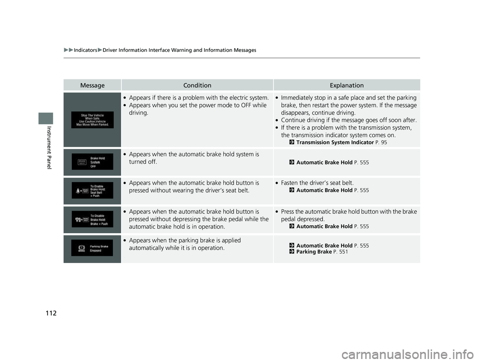 HONDA CRV 2022  Owners Manual 112
uuIndicators uDriver Information Interface Wa rning and Information Messages
Instrument Panel
MessageConditionExplanation
●Appears if there is a problem with the electric system.●Appears when 