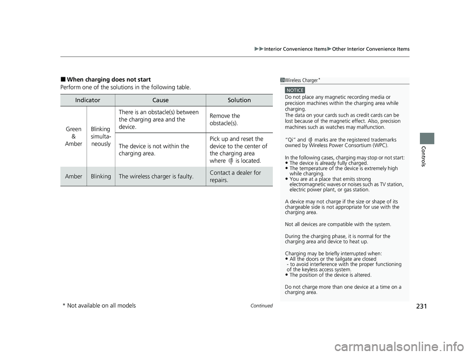 HONDA CRV 2022 Owners Manual Continued231
uuInterior Convenience Items uOther Interior Convenience Items
Controls
■When charging does not start
Perform one of the solutions in the following table.
IndicatorCauseSolution
Green HONDA CRV 2022 Owners Manual Continued231
uuInterior Convenience Items uOther Interior Convenience Items
Controls
■When charging does not start
Perform one of the solutions in the following table.
IndicatorCauseSolution
Green