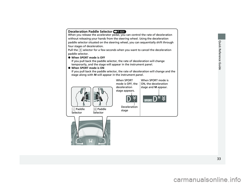 HONDA CRV 2022  Owners Manual 33
Quick Reference Guide
Deceleration Paddle Selector (P484)
When you release the accelerator pedal, yo u can control the rate of deceleration 
without releasing your hands from the  steering wheel. U