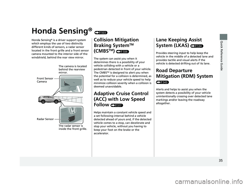 HONDA CRV 2022 Owners Guide 35
Quick Reference Guide
Honda Sensing® (P503)
Honda Sensing ® is a driver support system
which employs the use of two distinctly
different kinds of sensors, a radar sensor
located in the front g HONDA CRV 2022 Owners Guide 35
Quick Reference Guide
Honda Sensing® (P503)
Honda Sensing ® is a driver support system
which employs the use of two distinctly
different kinds of sensors, a radar sensor
located in the front g