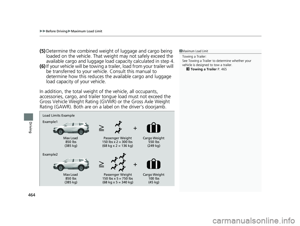 HONDA CRV 2022 Owners Manual uuBefore Driving uMaximum Load Limit
464
Driving
(5) Determine the combined weight of luggage and cargo being
loaded on the vehicle. That we ight may not safely exceed the
available cargo and lugga HONDA CRV 2022 Owners Manual uuBefore Driving uMaximum Load Limit
464
Driving
(5) Determine the combined weight of luggage and cargo being
loaded on the vehicle. That we ight may not safely exceed the
available cargo and lugga