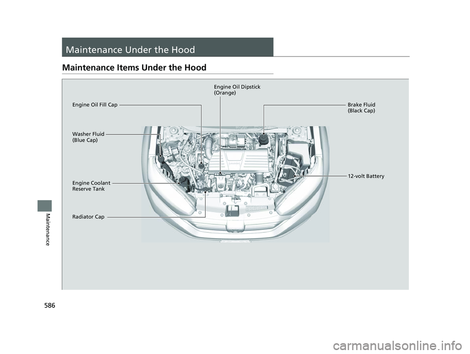 HONDA CRV 2022 Owners Manual 586
Maintenance
Maintenance Under the Hood
Maintenance Items Under the Hood
Brake Fluid
(Black Cap)
Engine Coolant
Reserve Tank
Radiator Cap Washer Fluid
(Blue Cap) Engine Oil Dipstick
(Orange)
En HONDA CRV 2022 Owners Manual 586
Maintenance
Maintenance Under the Hood
Maintenance Items Under the Hood
Brake Fluid
(Black Cap)
Engine Coolant
Reserve Tank
Radiator Cap Washer Fluid
(Blue Cap) Engine Oil Dipstick
(Orange)
En