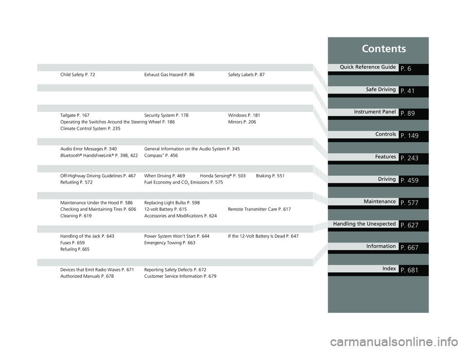 HONDA CRV 2022 Owners Manual Contents
Child Safety P. 72Exhaust Gas Hazard P. 86Safety Labels P. 87
Tailgate P. 167 Security System P. 178 Windows P. 181
Operating the Switches Around the Steering Wheel P. 186 Mirrors P. 206
Clim HONDA CRV 2022 Owners Manual Contents
Child Safety P. 72Exhaust Gas Hazard P. 86Safety Labels P. 87
Tailgate P. 167 Security System P. 178 Windows P. 181
Operating the Switches Around the Steering Wheel P. 186 Mirrors P. 206
Clim