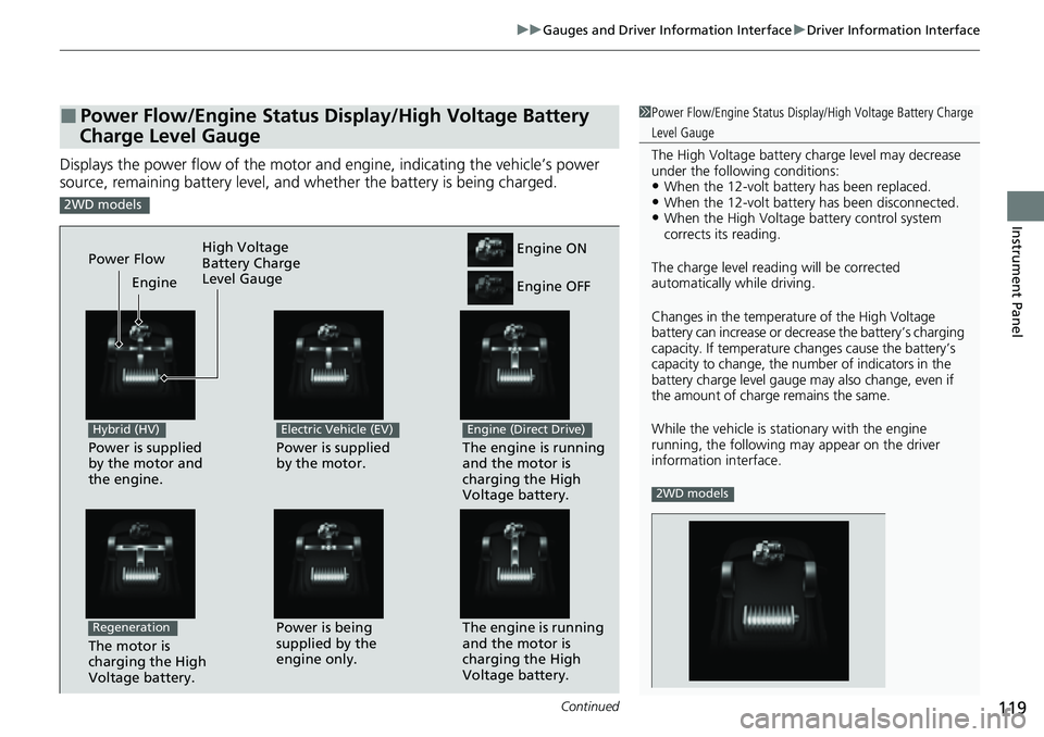 HONDA CRV 2023  Owners Manual Continued119
uuGauges and Driver Information Interface uDriver Information Interface
Instrument Panel
Displays the power flow of the motor an d engine, indicating the vehicle’s power 
source, remain