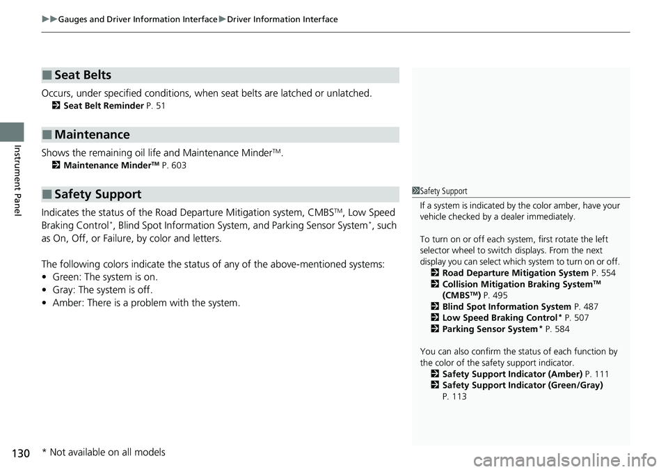 HONDA CRV 2023  Owners Manual uuGauges and Driver Information Interface uDriver Information Interface
130
Instrument Panel
Occurs, under specified conditions, when seat belts are latched or unlatched.
2 Seat Belt Reminder  P. 51
S