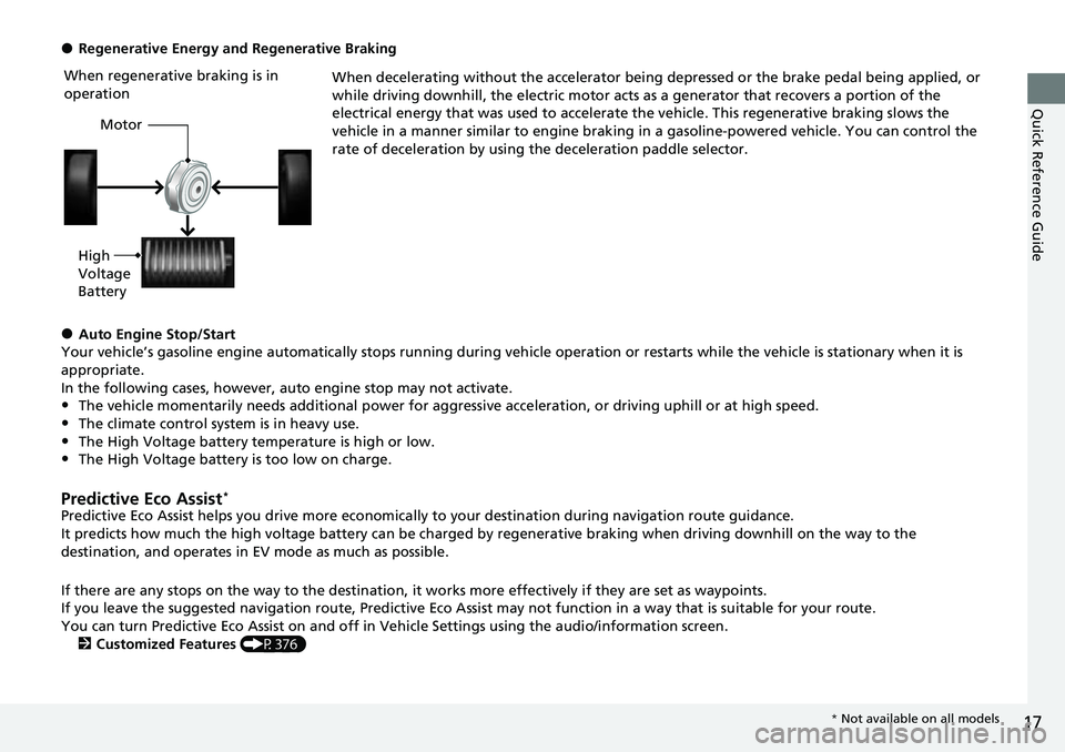 HONDA CRV 2023  Owners Manual 17
Quick Reference Guide
●Regenerative Energy and Regenerative BrakingWhen decelerating without the accelerator being depressed or the brake pedal being applied, or 
while driving downhill, the elec