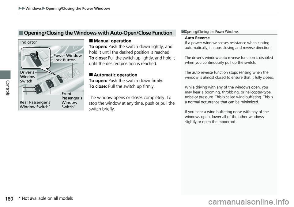 HONDA CRV 2023 Owners Manual uuWindows uOpening/Closing th e Power Windows
180
Controls
■Manual operation
To open: Push the switch down lightly, and
hold it until the desired position is reached.
To close: Pull the switch up HONDA CRV 2023 Owners Manual uuWindows uOpening/Closing th e Power Windows
180
Controls
■Manual operation
To open: Push the switch down lightly, and
hold it until the desired position is reached.
To close: Pull the switch up