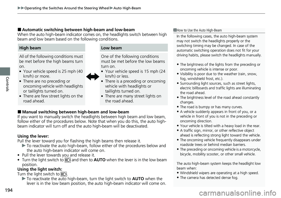 HONDA CRV 2023 Owners Manual uuOperating the Switches Around the Steering Wheel uAuto High-Beam
194
Controls
■Automatic switching between high-beam and low-beam
When the auto high-beam indicator comes on, the headlights switch HONDA CRV 2023 Owners Manual uuOperating the Switches Around the Steering Wheel uAuto High-Beam
194
Controls
■Automatic switching between high-beam and low-beam
When the auto high-beam indicator comes on, the headlights switch