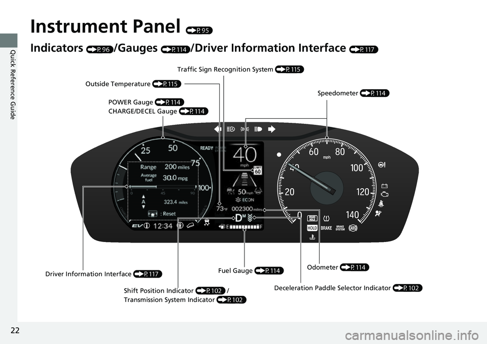 HONDA CRV 2023 Owners Manual 22
Quick Reference Guide
Instrument Panel (P95)
Indicators (P96)/Gauges (P114)/Driver Information Interface (P117)
POWER Gauge (P114)
CHARGE/DECEL Gauge (P114) Speedometer
(P114)
Traffic Sign Recog HONDA CRV 2023 Owners Manual 22
Quick Reference Guide
Instrument Panel (P95)
Indicators (P96)/Gauges (P114)/Driver Information Interface (P117)
POWER Gauge (P114)
CHARGE/DECEL Gauge (P114) Speedometer
(P114)
Traffic Sign Recog