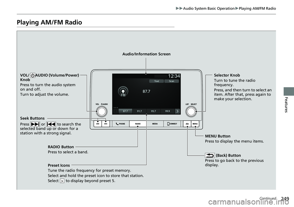 HONDA CRV 2023  Owners Manual 249
uuAudio System Basic Operation uPlaying AM/FM Radio
Continued
Features
Playing AM/FM Radio
RADIO Button
Press to select a band.
 (Back) Button
Press to go back to the previous 
display.
Seek Butto