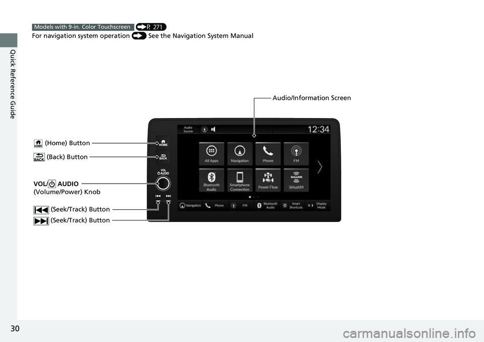 HONDA CRV 2023 Owners Guide 30
Quick Reference Guide
VOL/ AUDIO
(Volume/Power) Knob
(Home) Button
(Back) Button
Audio/Information Screen
(Seek/Track) Button
(Seek/Track) Button
(P 271)
For navigation system operation () HONDA CRV 2023 Owners Guide 30
Quick Reference Guide
VOL/ AUDIO
(Volume/Power) Knob
(Home) Button
(Back) Button
Audio/Information Screen
(Seek/Track) Button
(Seek/Track) Button
(P 271)
For navigation system operation ()