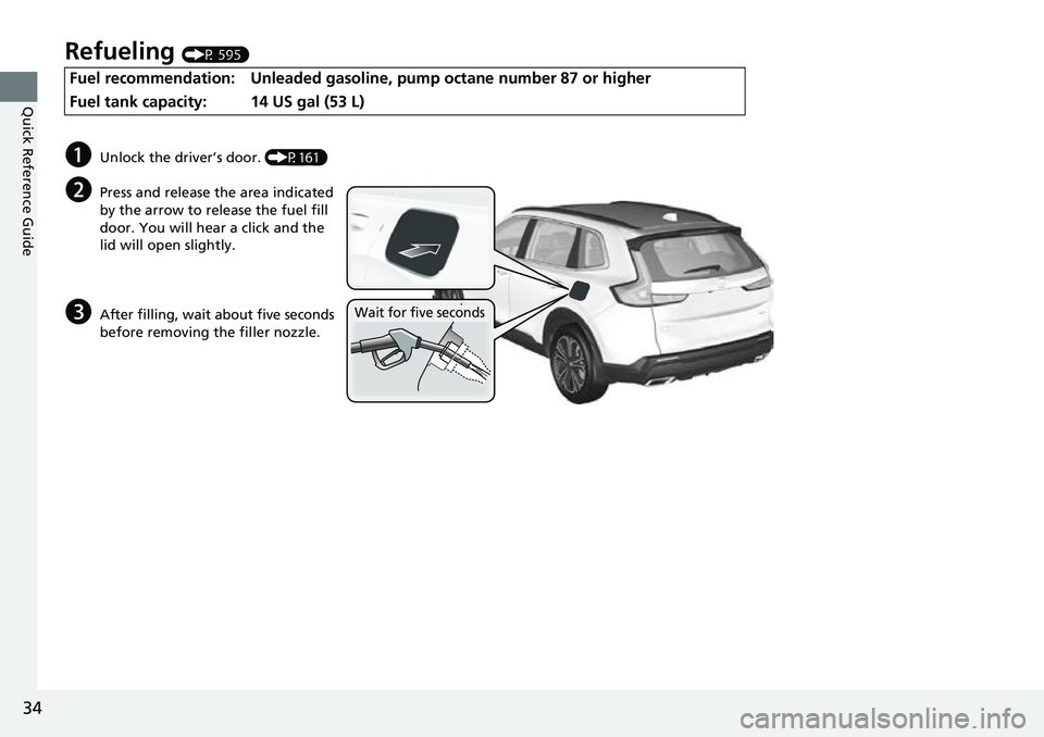 HONDA CRV 2023 Owners Guide 34
Quick Reference Guide
Refueling (P 595)
Fuel recommendation: Unleaded gasoline, pump octane number 87 or higher
Fuel tank capacity:
14 US gal (53 L)
aUnlock the driver’s door. (P161)
bPress and HONDA CRV 2023 Owners Guide 34
Quick Reference Guide
Refueling (P 595)
Fuel recommendation: Unleaded gasoline, pump octane number 87 or higher
Fuel tank capacity:
14 US gal (53 L)
aUnlock the driver’s door. (P161)
bPress and