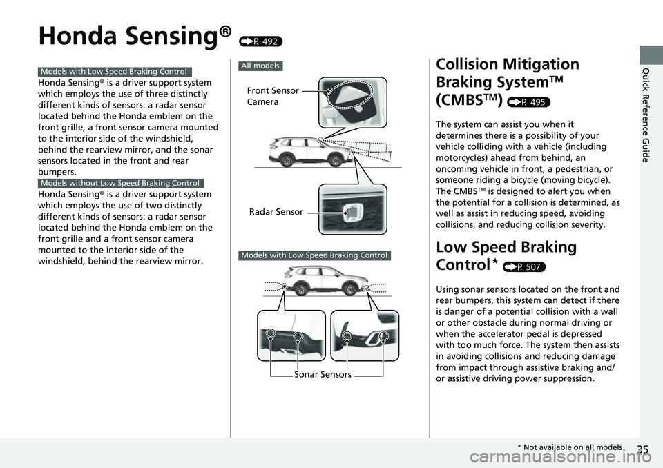 HONDA CRV 2023 Owners Guide 35
Quick Reference Guide
Honda Sensing® (P 492)
Honda Sensing ® is a driver support system
which employs the use of three distinctly
different kinds of sensors: a radar sensor
located behind the HONDA CRV 2023 Owners Guide 35
Quick Reference Guide
Honda Sensing® (P 492)
Honda Sensing ® is a driver support system
which employs the use of three distinctly
different kinds of sensors: a radar sensor
located behind the